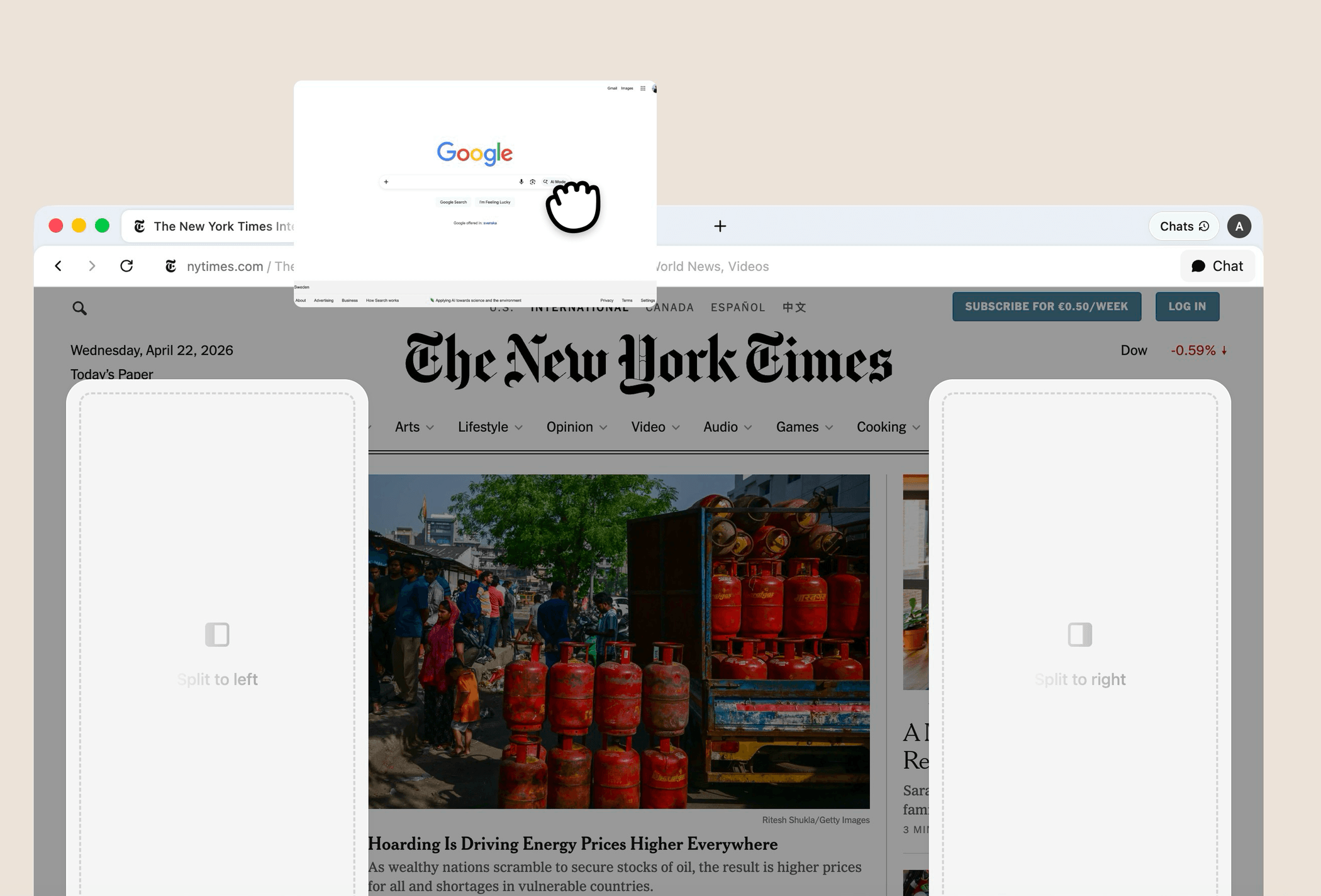 Dragging a tab to split the view or tear it into a new window