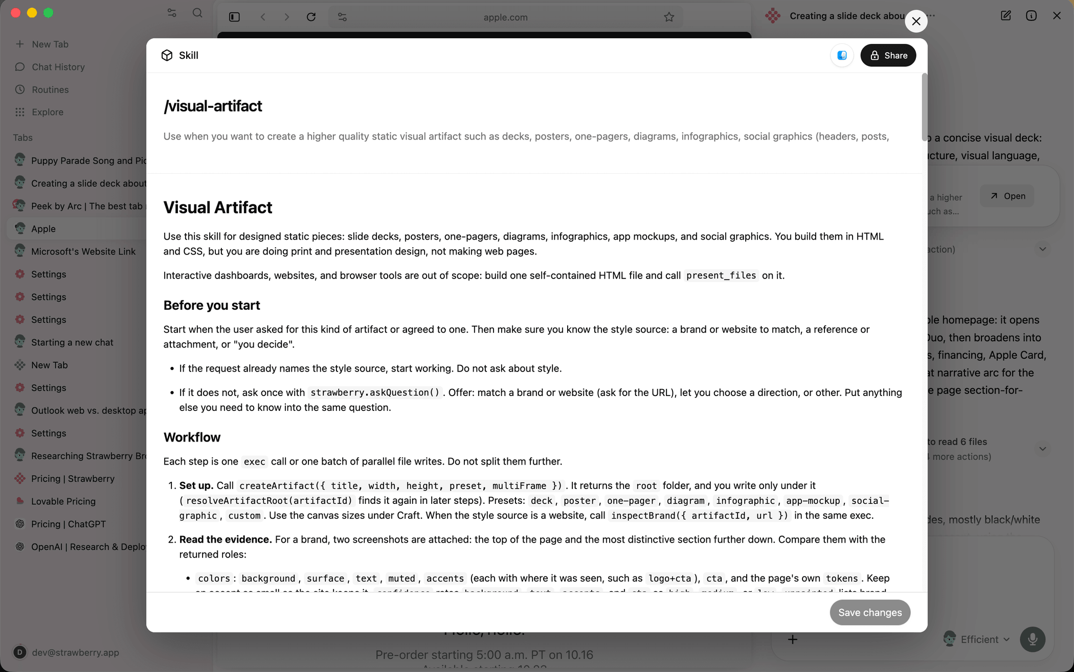 A skill preview open over a website with the conversation in the sidebar