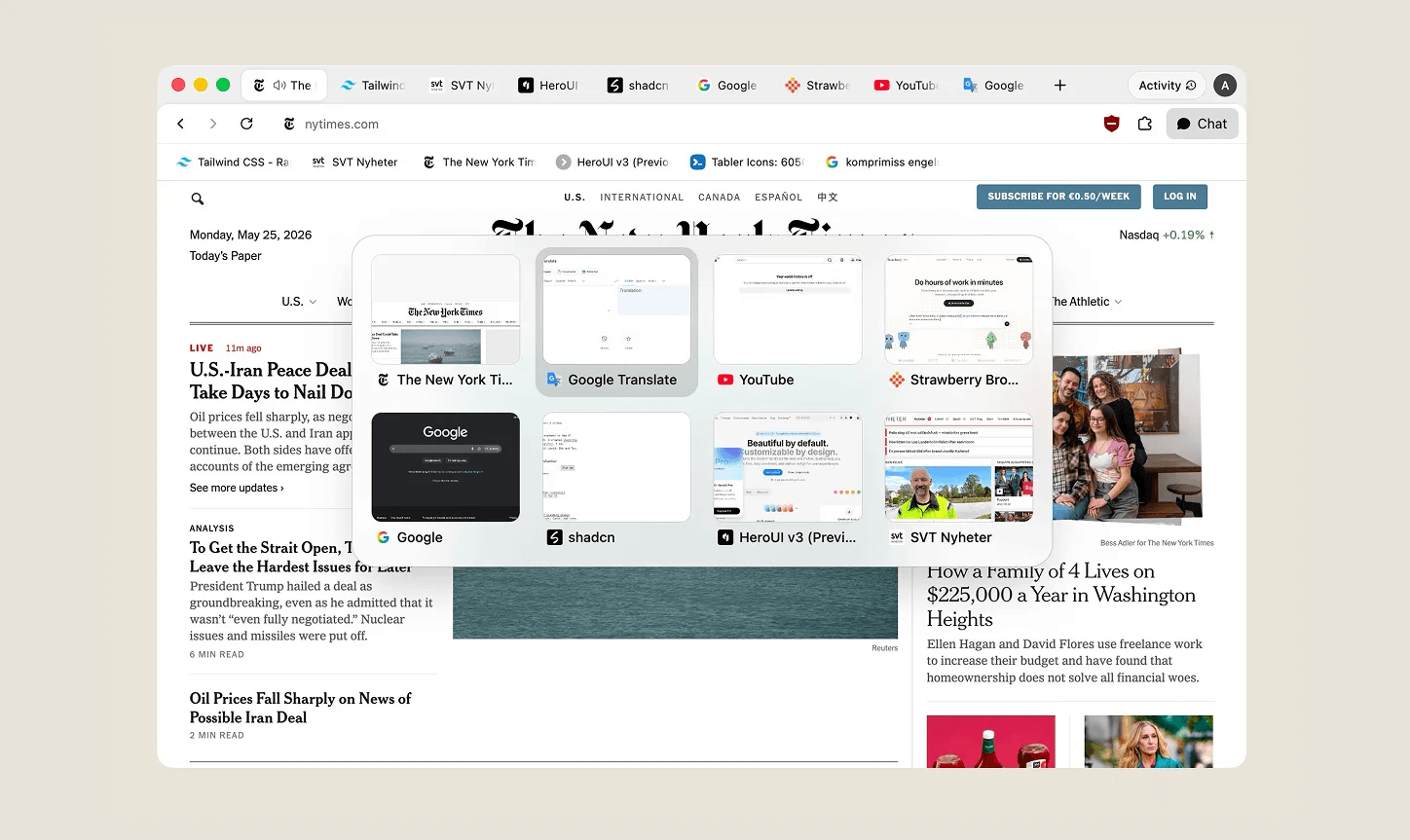Recency-based tab switcher with keyboard shortcuts