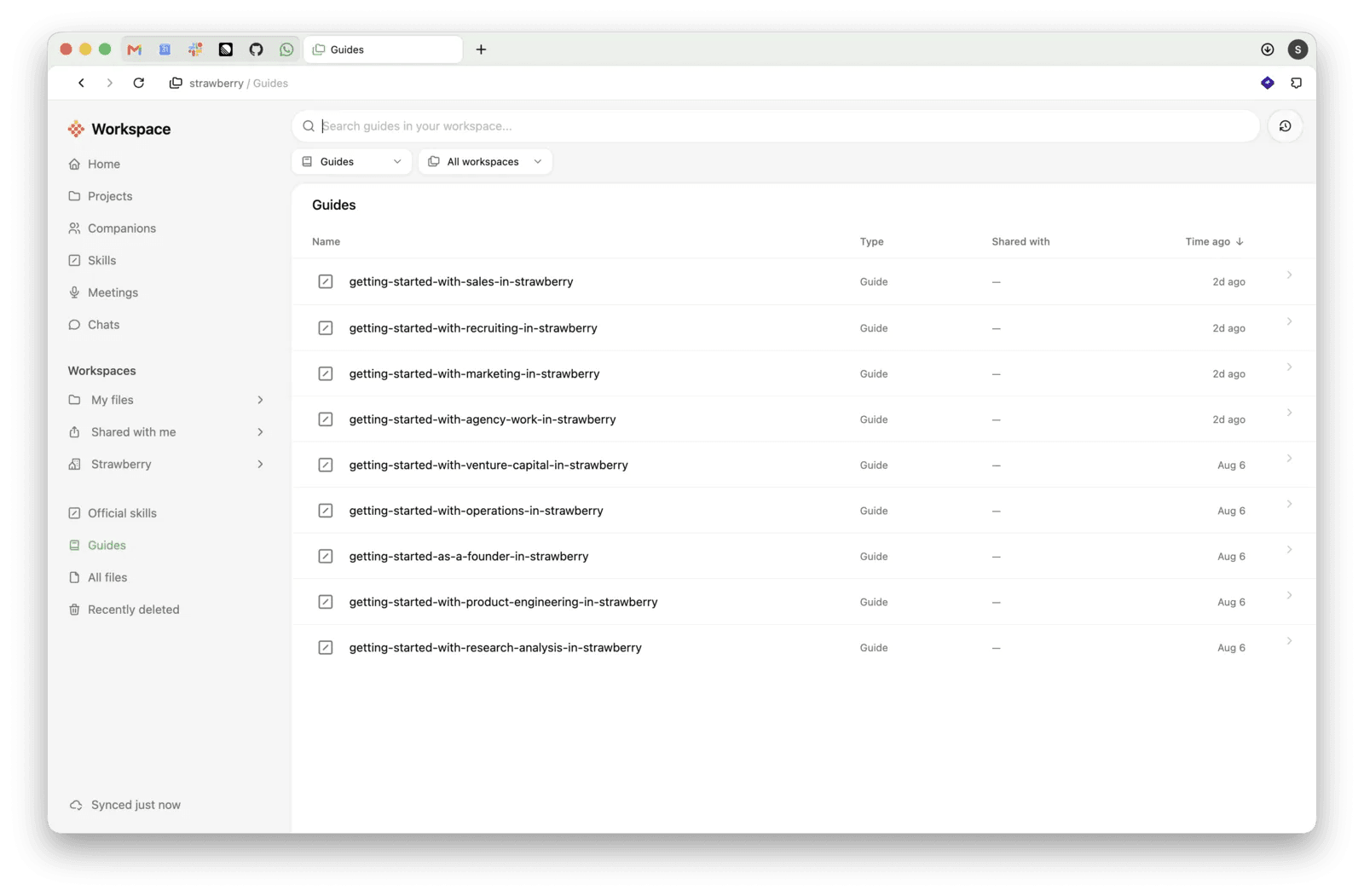 Workspace Guides with projects, companions, skills, meetings, and files in the sidebar